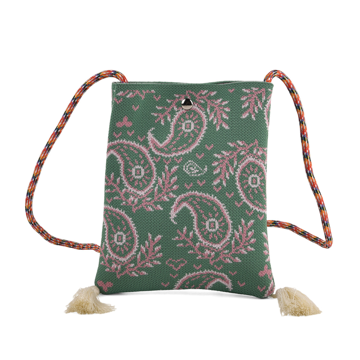 Designer Paisley Print Crossbody Pouch Bag with Tassels &amp; Rope Shoulder Strap - Pink &amp; Green V32580080 0
