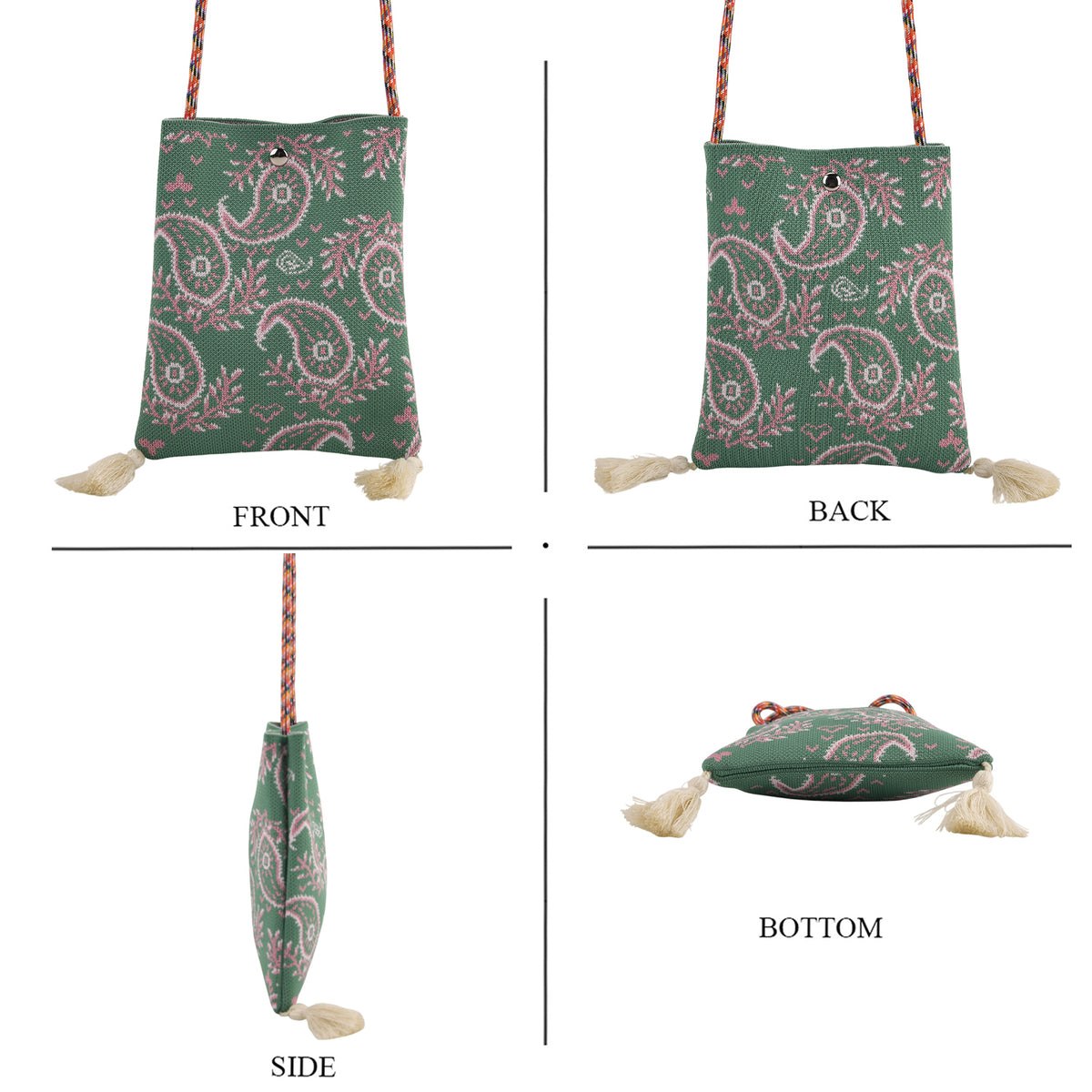 Designer Paisley Print Crossbody Pouch Bag with Tassels &amp; Rope Shoulder Strap - Pink &amp; Green V32580080 2
