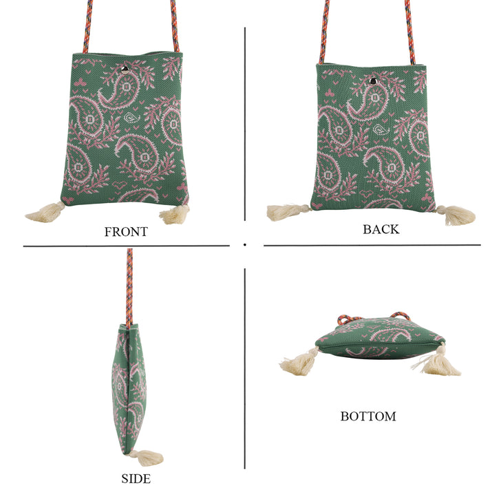 Designer Paisley Print Crossbody Pouch Bag with Tassels &amp; Rope Shoulder Strap - Pink &amp; Green V32620055 2