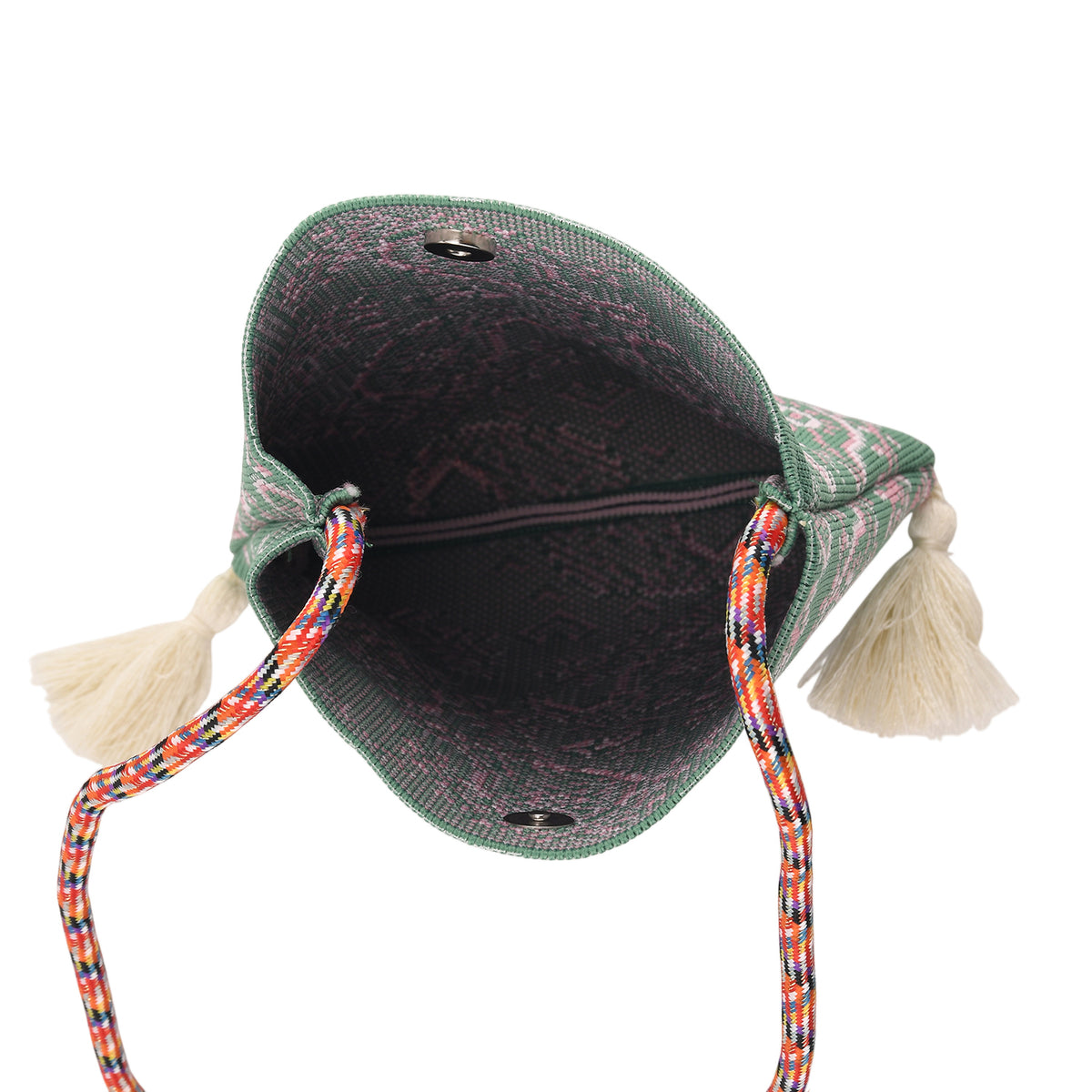 Designer Paisley Print Crossbody Pouch Bag with Tassels &amp; Rope Shoulder Strap - Pink &amp; Green V32580080 3
