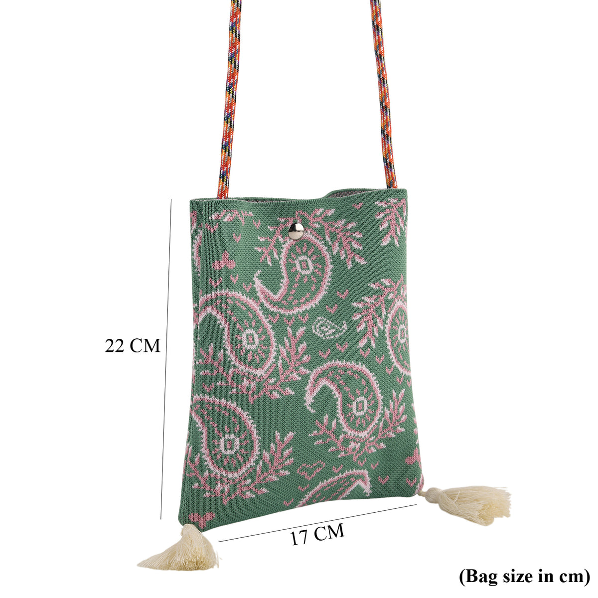 Designer Paisley Print Crossbody Pouch Bag with Tassels &amp; Rope Shoulder Strap - Pink &amp; Green V32580080 4