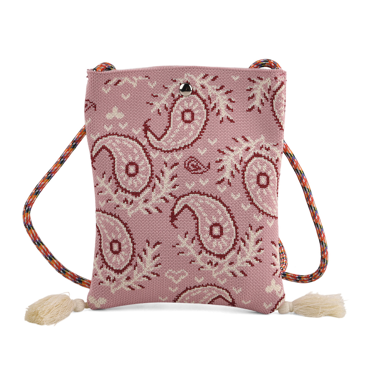 Designer Paisley Print Crossbody Pouch Bag with Tassels &amp; Rope Shoulder Strap - Pink &amp; White V32584787 0