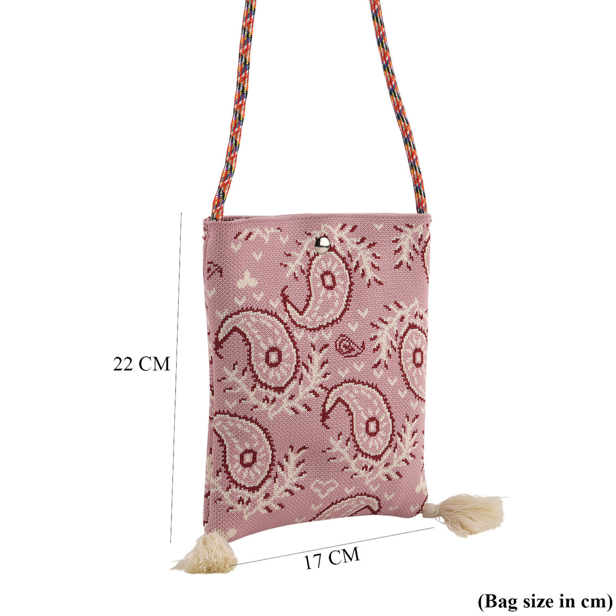 Designer Paisley Print Crossbody Pouch Bag with Tassels &amp; Rope Shoulder Strap - Pink &amp; White V32584787 4