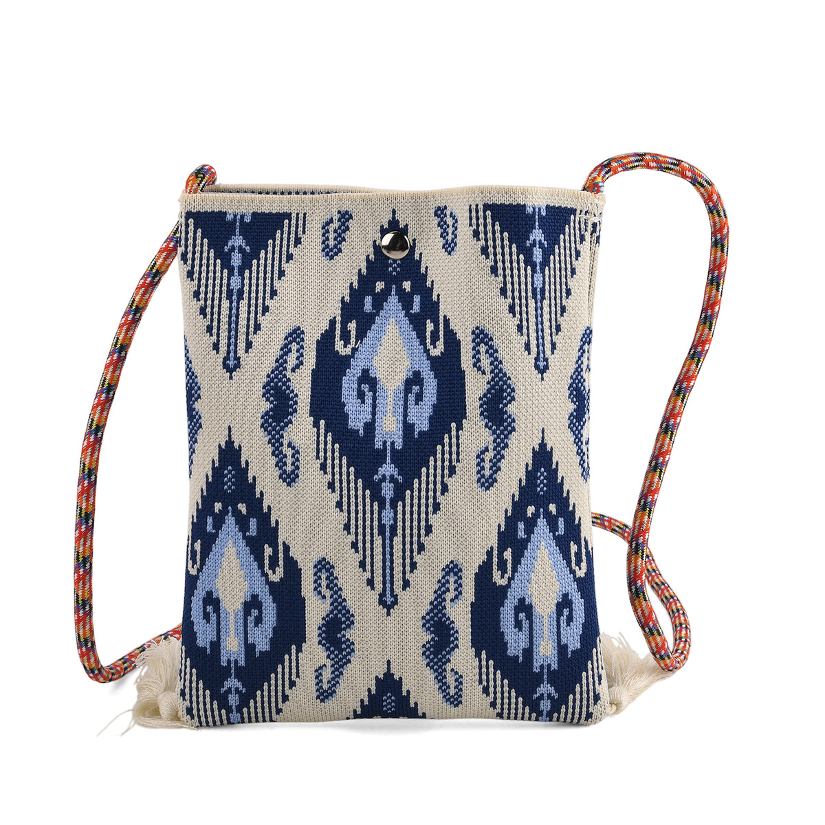 Designer Printed Crossbody Pouch Bag with Tassels &amp; Rope Shoulder Strap - Blue &amp; Off White V32584317 0