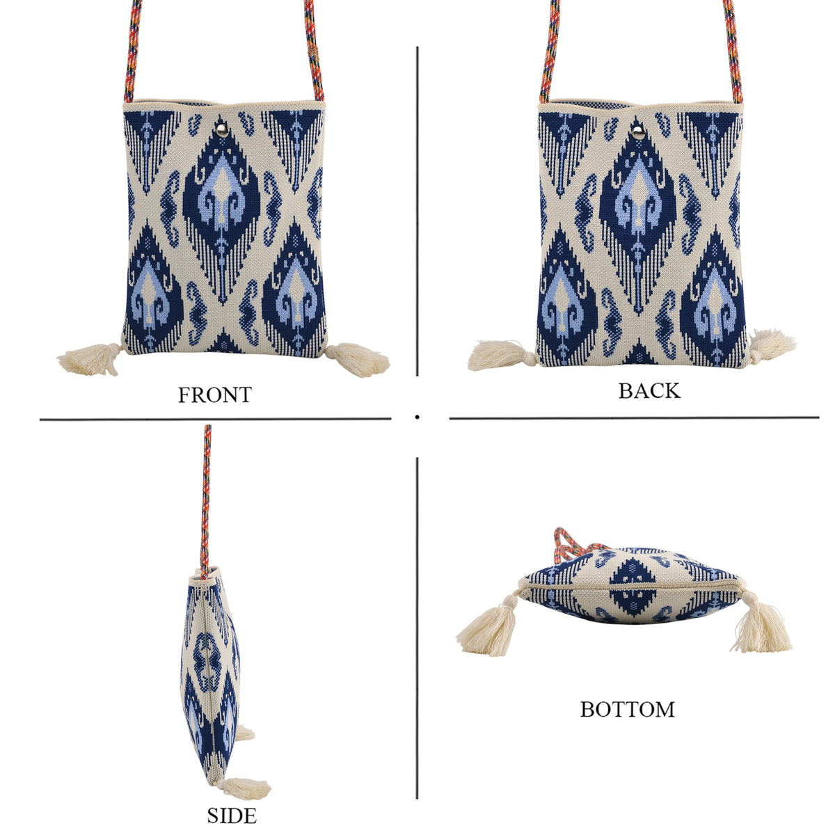 Designer Printed Crossbody Pouch Bag with Tassels &amp; Rope Shoulder Strap - Blue &amp; Off White V32584317 2