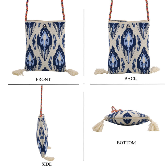 Designer Printed Crossbody Pouch Bag with Tassels &amp; Rope Shoulder Strap - Blue &amp; Off White V32625408 2