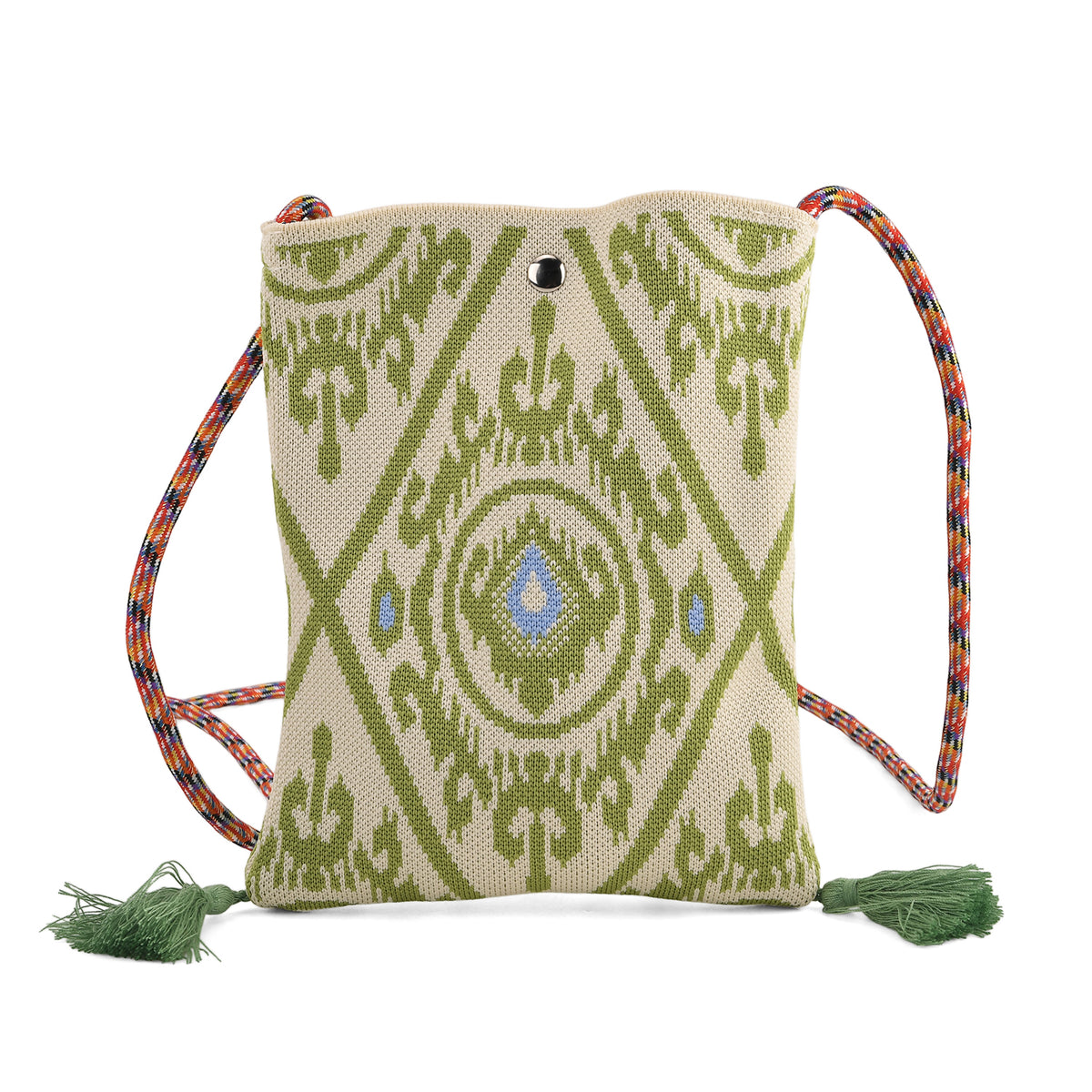 Designer Paisley Print Crossbody Pouch Bag with Tassels &amp; Rope Shoulder Strap - Light Green &amp; Off White V32584300 0