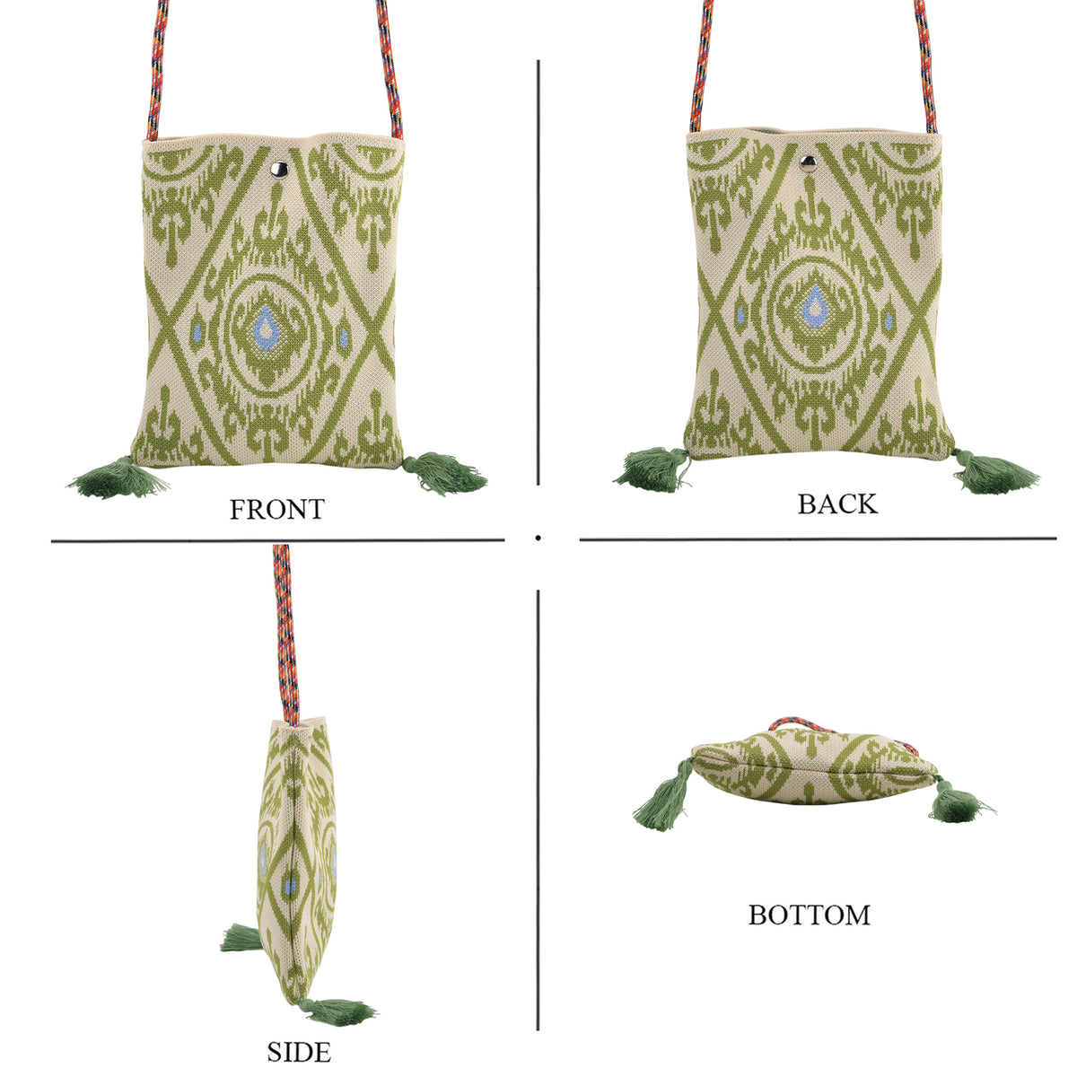 Designer Paisley Print Crossbody Pouch Bag with Tassels &amp; Rope Shoulder Strap - Light Green &amp; Off White V32584300 2