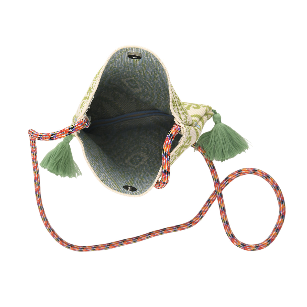 Designer Paisley Print Crossbody Pouch Bag with Tassels &amp; Rope Shoulder Strap - Light Green &amp; Off White V32584300 3