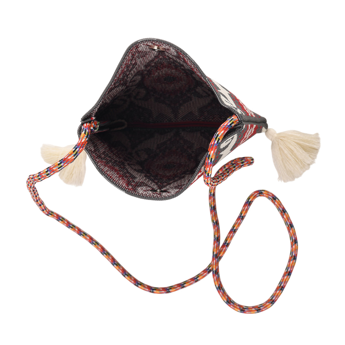Designer Paisley Print Crossbody Pouch Bag with Tassels &amp; Rope Shoulder Strap - Grey Red &amp; Off White V32635912 3