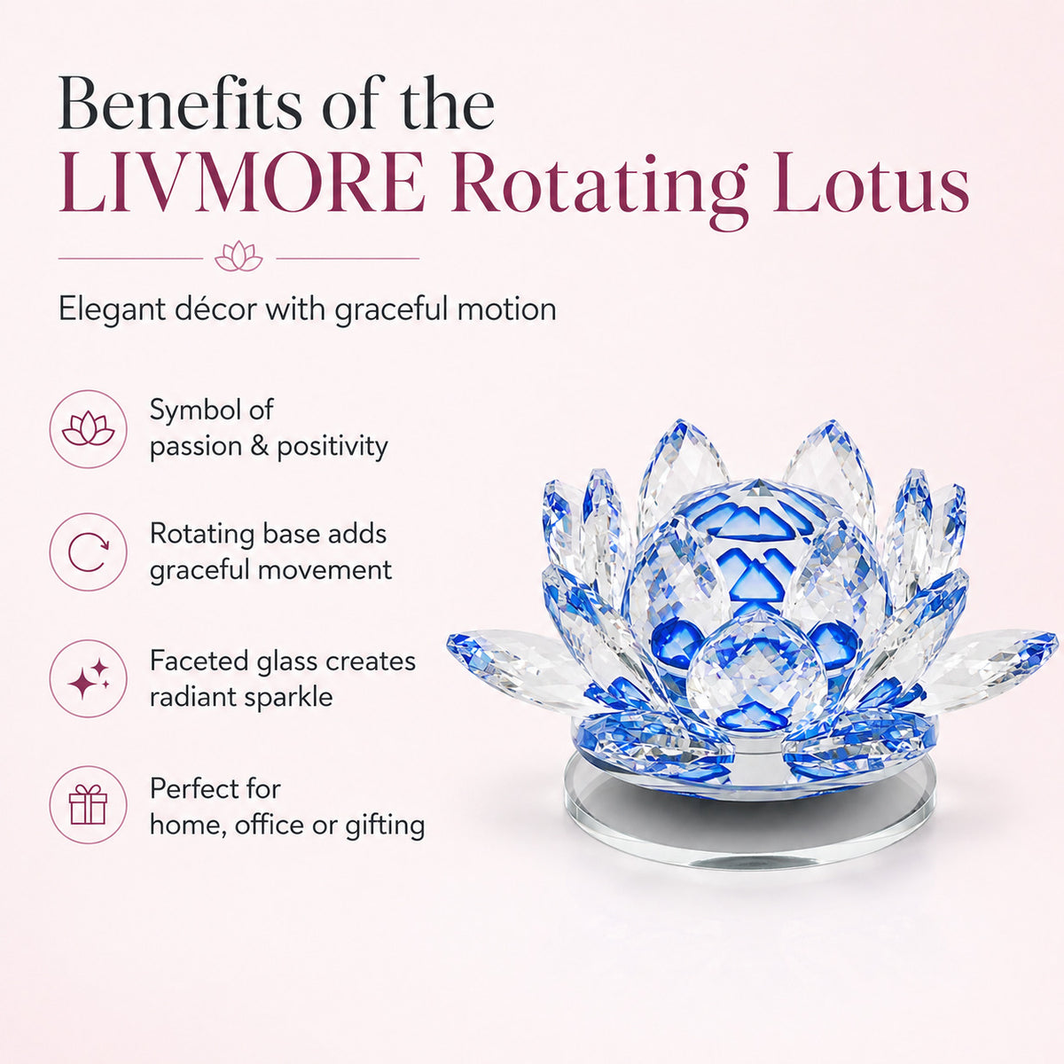 LIVMORE Rotating Faceted Crystal Lotus Flower Glass Ornament  (12cm) - Blue 8642561 2