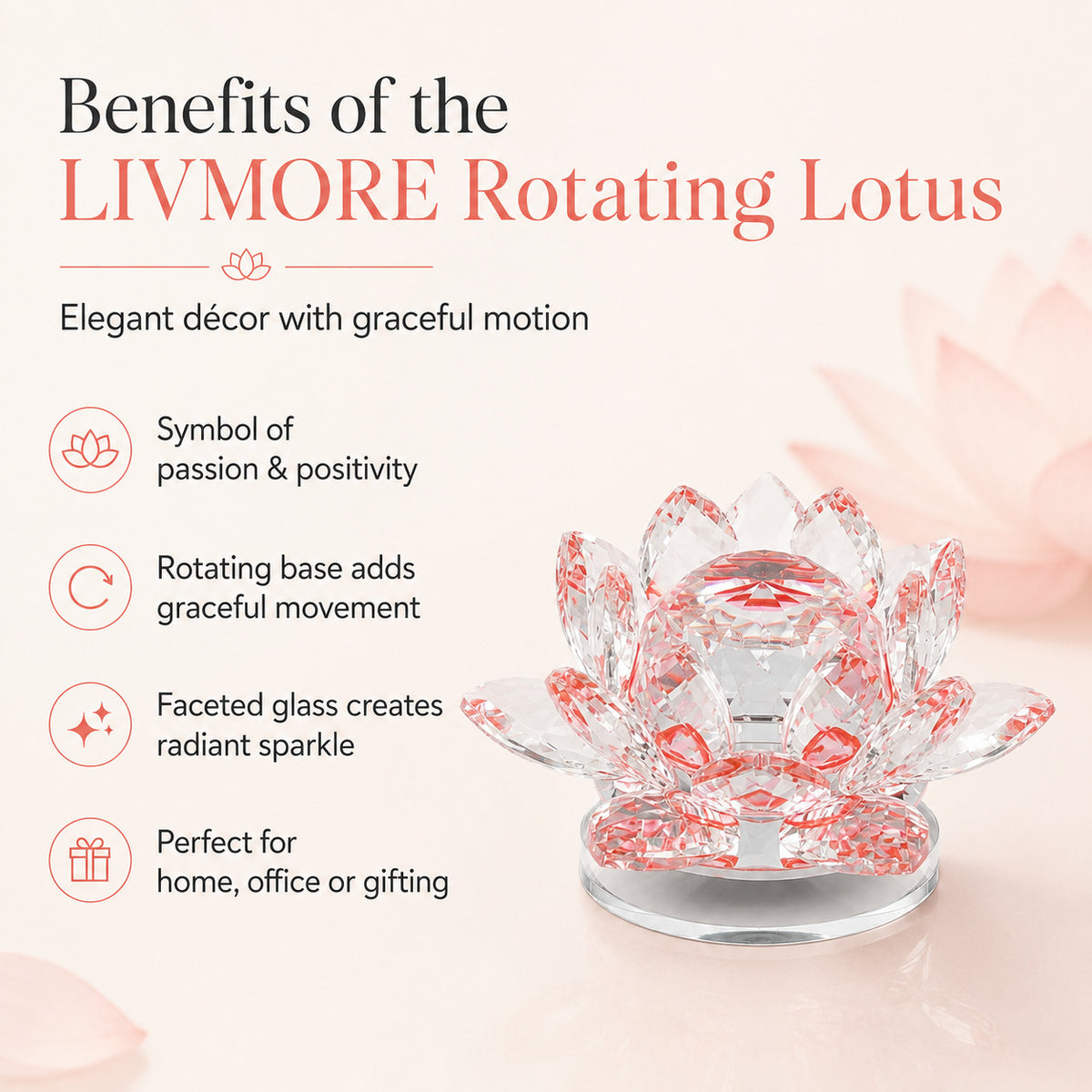 LIVMORE Rotating Faceted Crystal Lotus Flower Glass Ornament  (12cm) - Red 8642562 3
