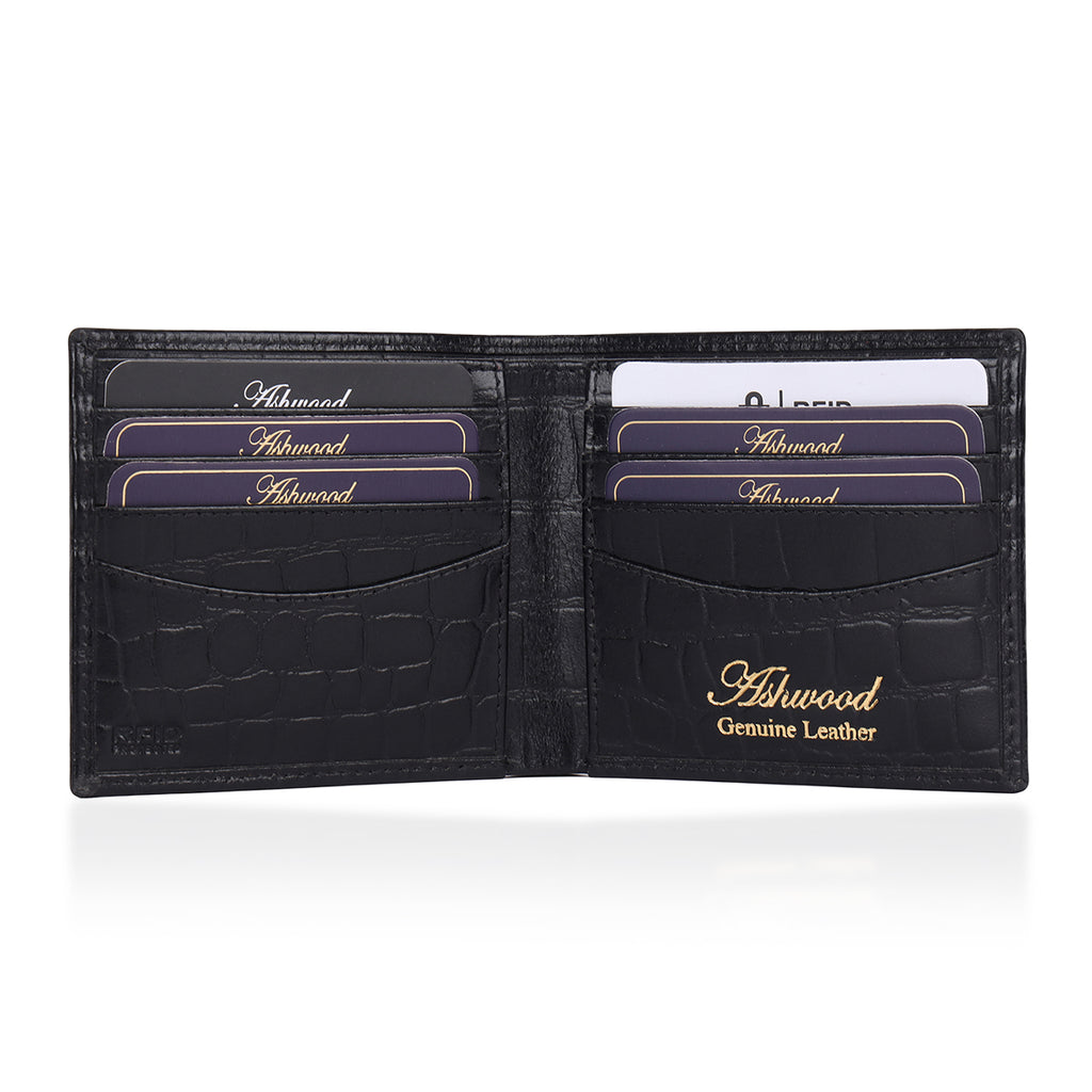 ONE TIME CLOSEOUT DEAL - Ashwood Genuine Leather Croc-Embossed RFID Protected Wallet & Card Holder - Black_8642606_2
