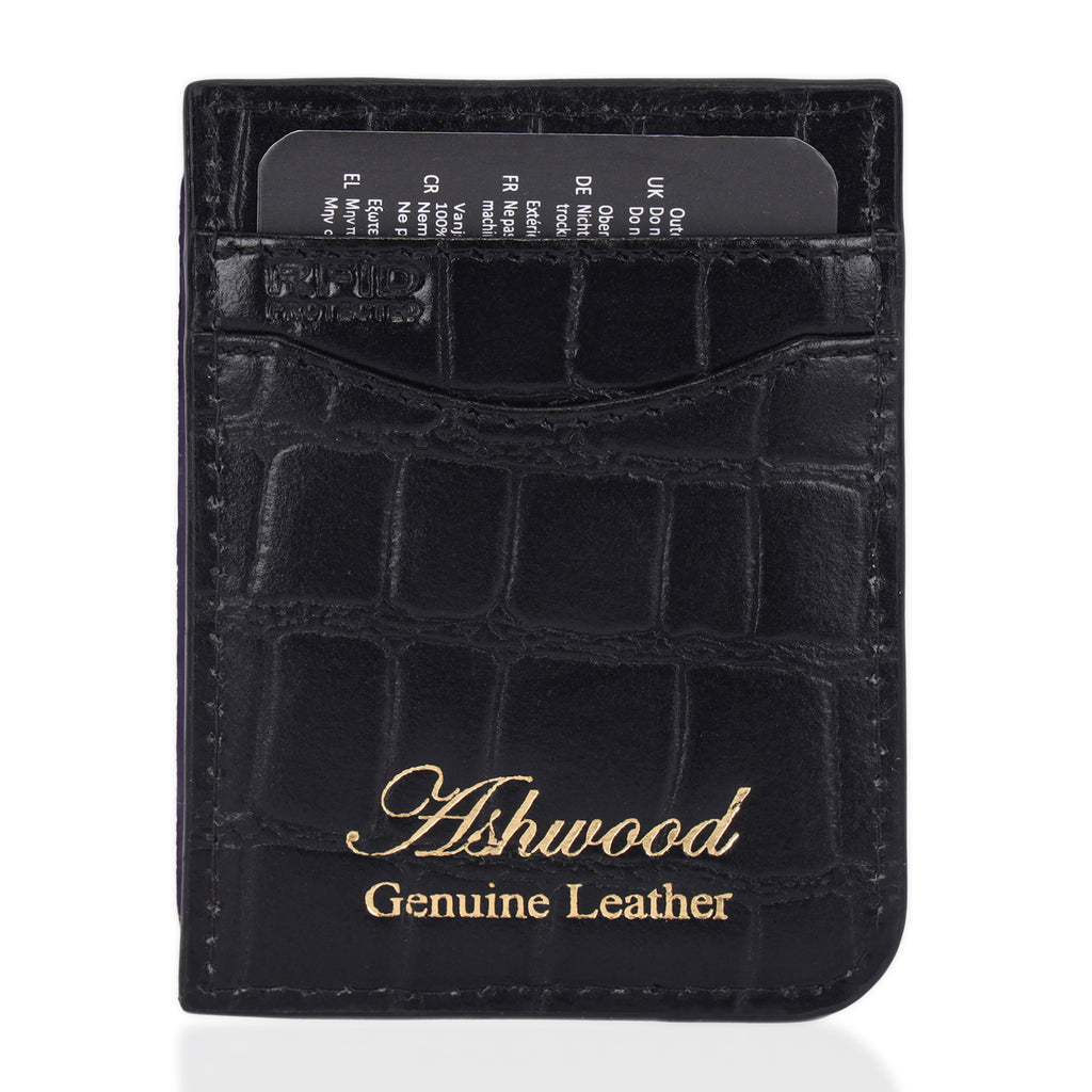ONE TIME CLOSEOUT DEAL - Ashwood Genuine Leather Croc-Embossed RFID Protected Wallet & Card Holder - Black_8642606_4