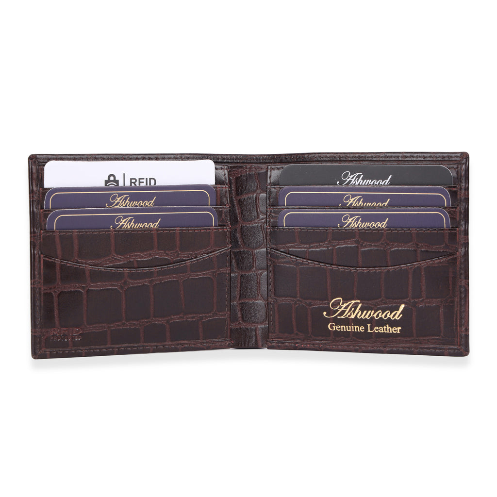 ONE TIME CLOSEOUT DEAL - Ashwood Genuine Leather Croc-Embossed RFID Protected Wallet & Card Holder - Brown_8642607_2