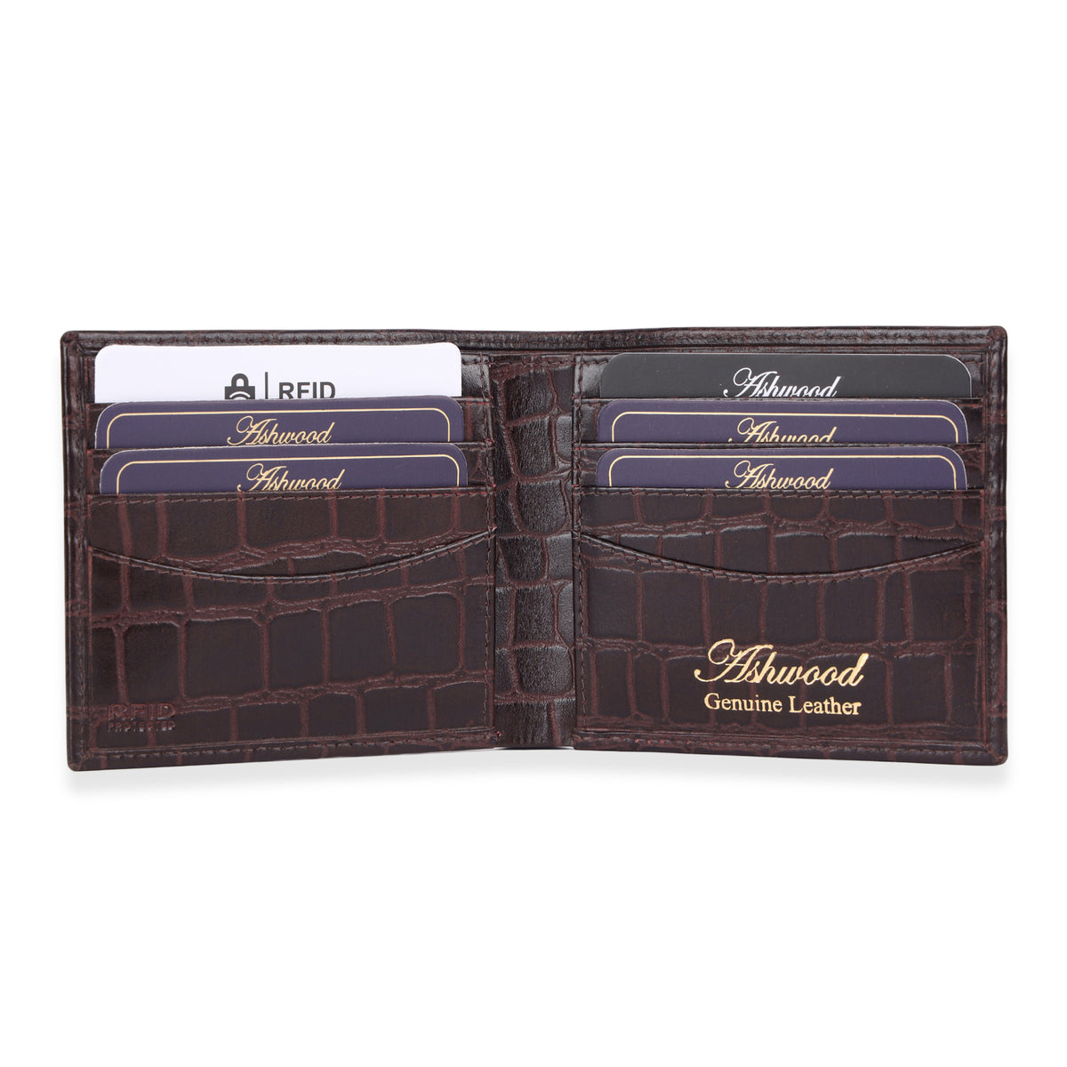 ONE TIME CLOSEOUT DEAL - Ashwood Genuine Leather Croc-Embossed RFID Protected Wallet &amp; Card Holder - Brown V32528785 2