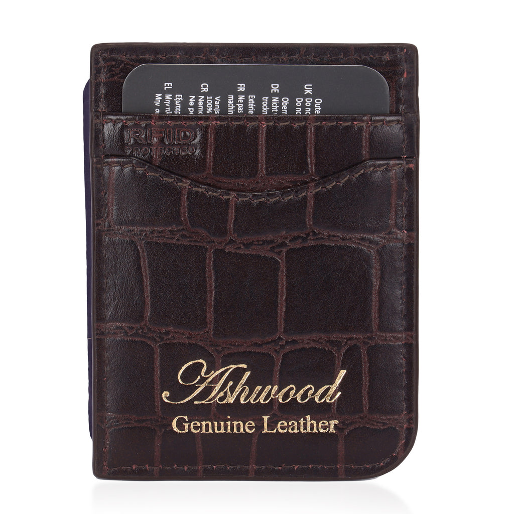 ONE TIME CLOSEOUT DEAL - Ashwood Genuine Leather Croc-Embossed RFID Protected Wallet & Card Holder - Brown_8642607_4