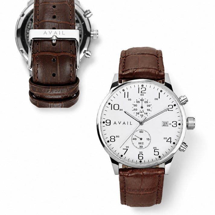 Avail Kiros Quartz Movement White Dial &amp; Stainless Steel Case Mens Watch with Brown Strap 8643828 1