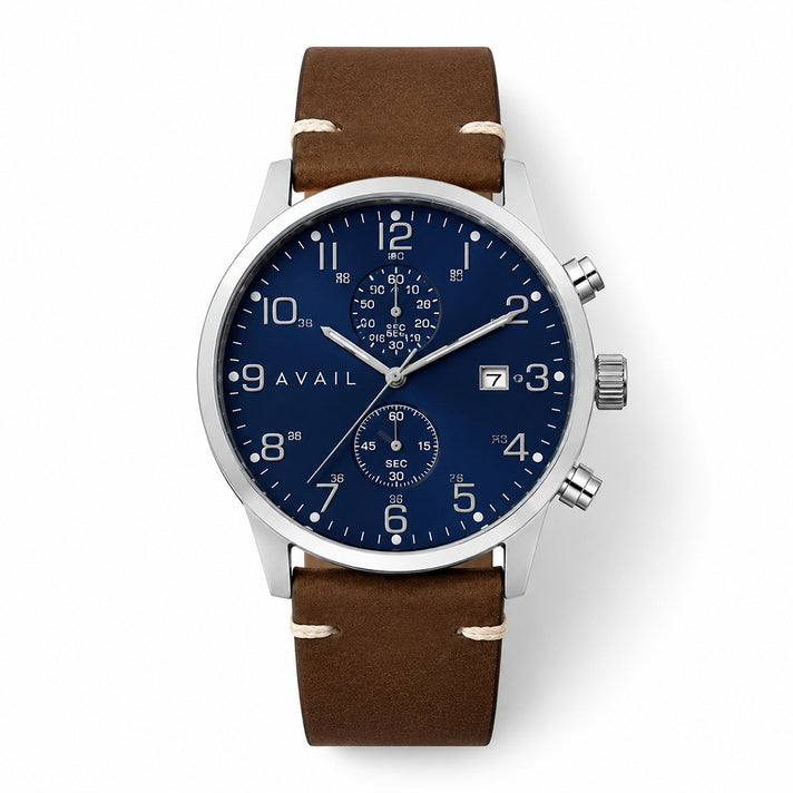 Avail Kiros XXV Quartz Movement Navy Dial &amp; Stainless Steel Case Mens Watch with Brown Strap 8643839 1