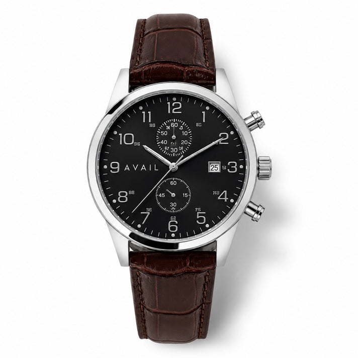 Avail Kiros XXV Quartz Movement Black Dial &amp; Stainless Steel Case Mens Watch with Brown Strap 8643840 1