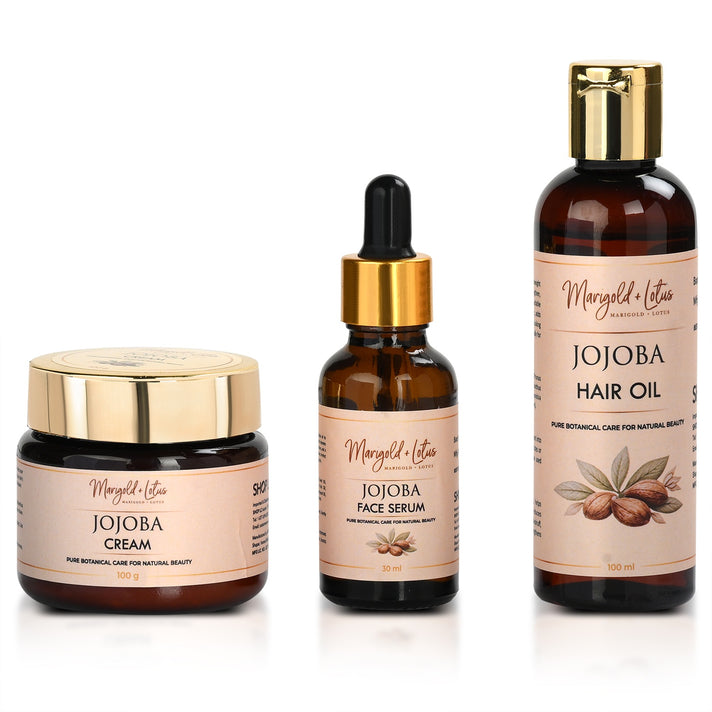 Marigold &amp; Lotus Jojoba Skin &amp; Hair Care Set - Jojoba Moisturising Cream (100G), Jojoba Hair Oil (100ml) &amp; Jojoba Face Serum (30ml) 8644034 1