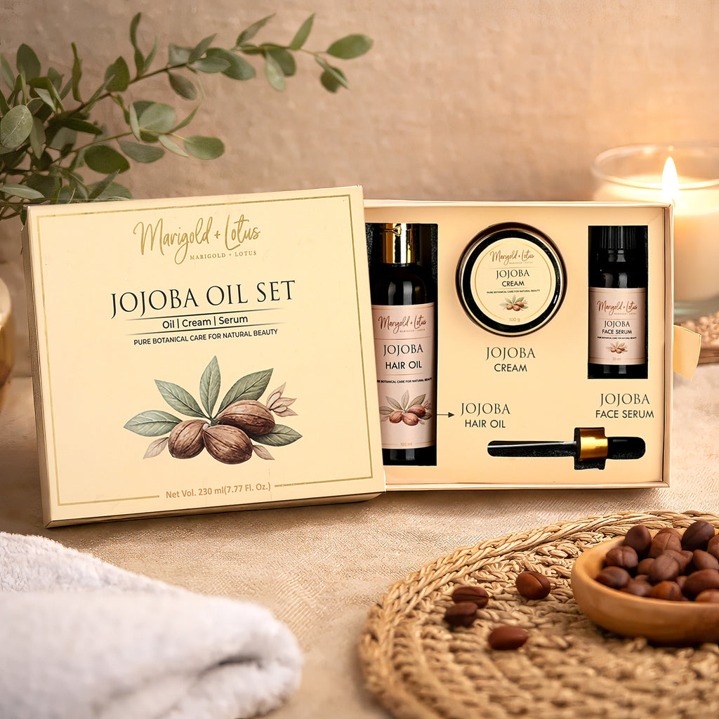 Marigold & Lotus Jojoba Skin & Hair Care Set - Jojoba Moisturising Cream (100G), Jojoba Hair Oil (100ml) & Jojoba Face Serum (30ml)_8644034_1
