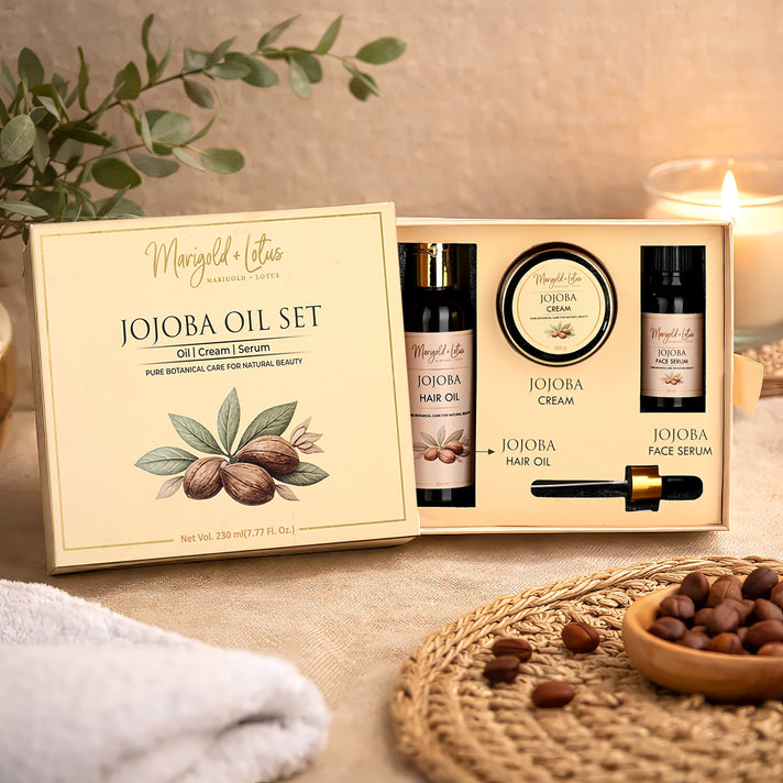 Marigold &amp; Lotus Jojoba Skin &amp; Hair Care Set - Jojoba Moisturising Cream (100G), Jojoba Hair Oil (100ml) &amp; Jojoba Face Serum (30ml) 8644034 2