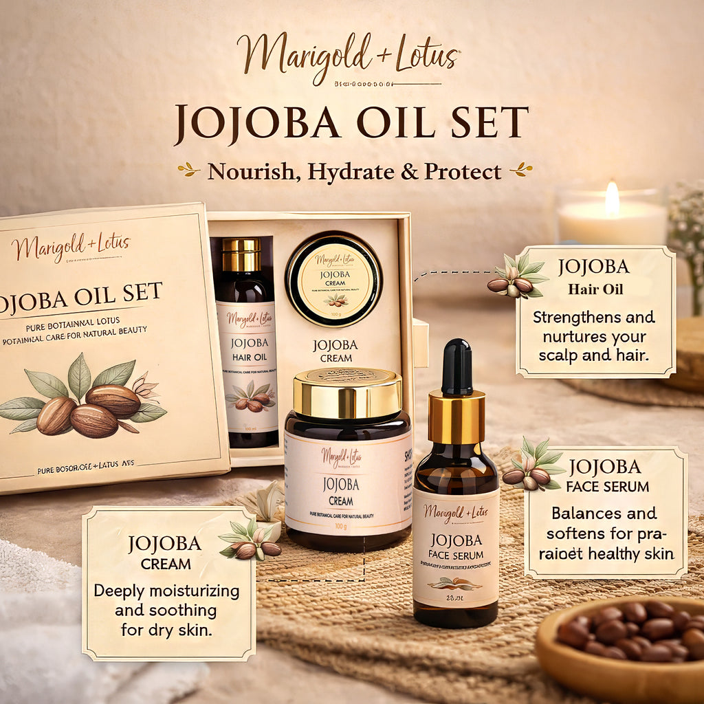 Marigold & Lotus Jojoba Skin & Hair Care Set - Jojoba Moisturising Cream (100G), Jojoba Hair Oil (100ml) & Jojoba Face Serum (30ml)_8644034_2