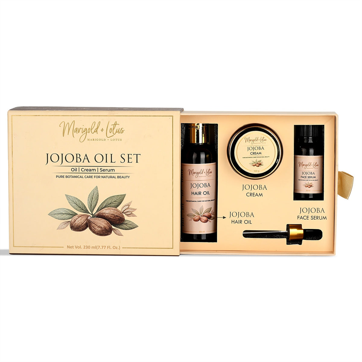 Marigold &amp; Lotus Jojoba Skin &amp; Hair Care Set - Jojoba Moisturising Cream (100G), Jojoba Hair Oil (100ml) &amp; Jojoba Face Serum (30ml) 8644034 5