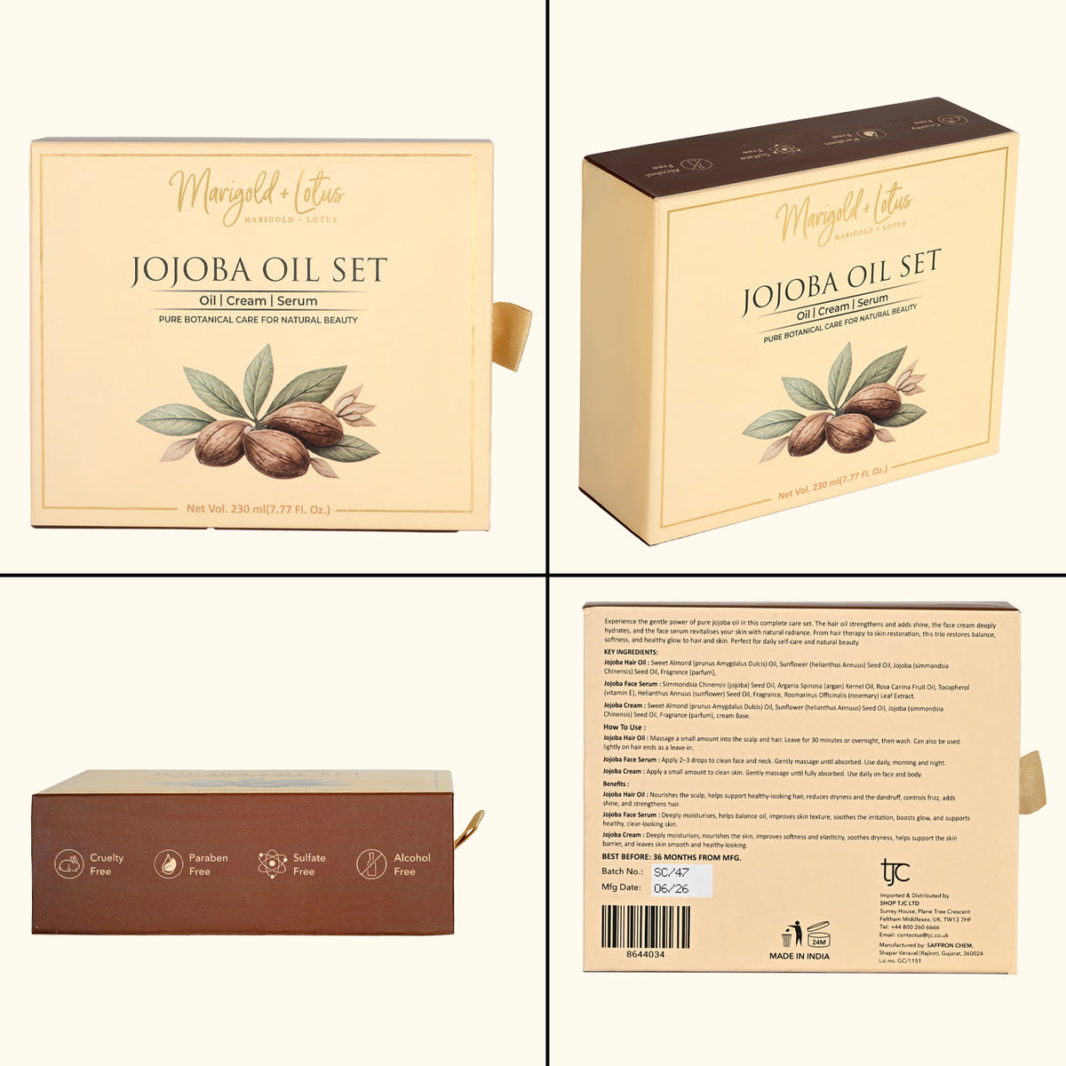 Marigold &amp; Lotus Jojoba Skin &amp; Hair Care Set - Jojoba Moisturising Cream (100G), Jojoba Hair Oil (100ml) &amp; Jojoba Face Serum (30ml) 8644034 6