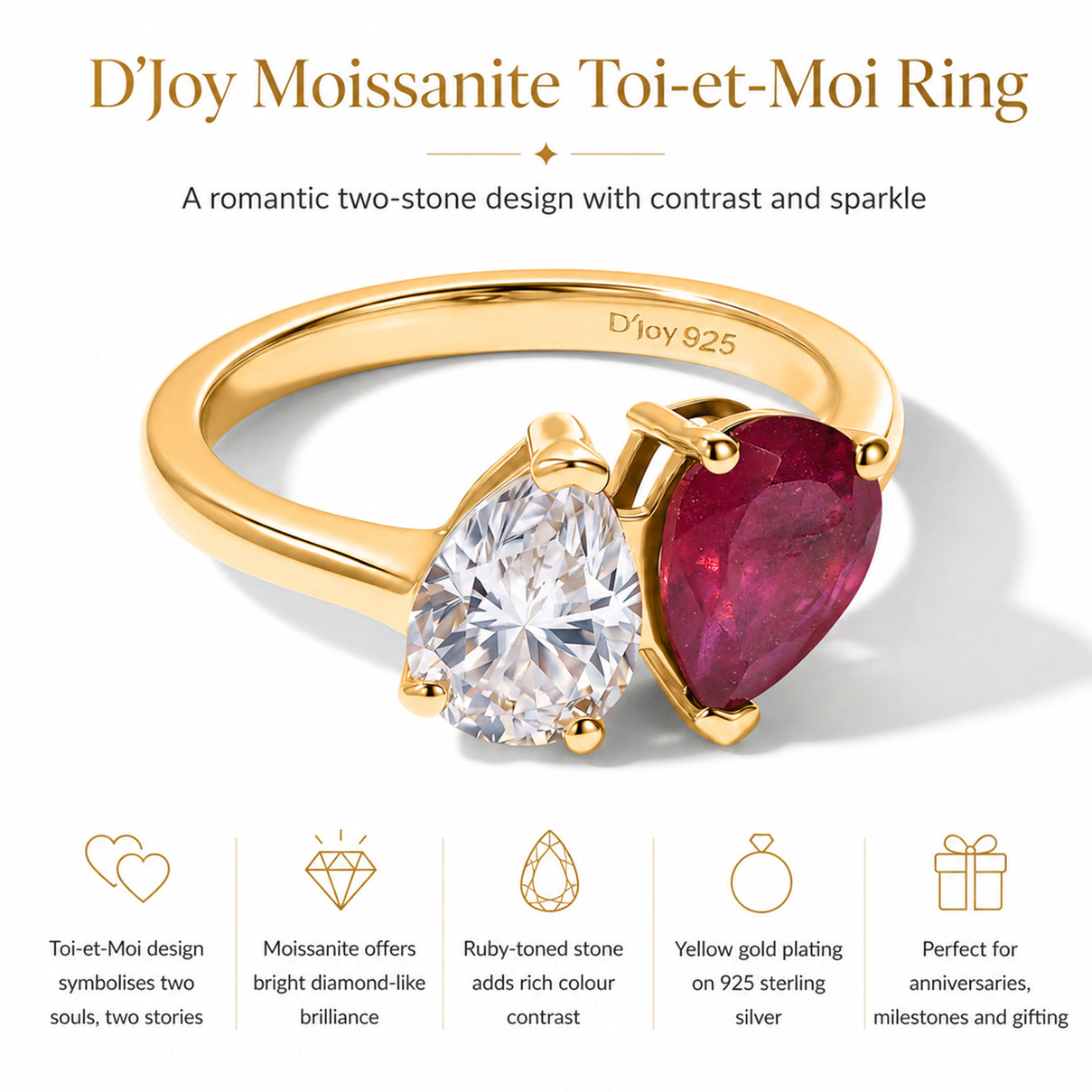 D'Joy - Moissanite Toi-et-Moi Ring in Yellow Gold Plated Sterling Silver 2.75 Ct. V32519216 5
