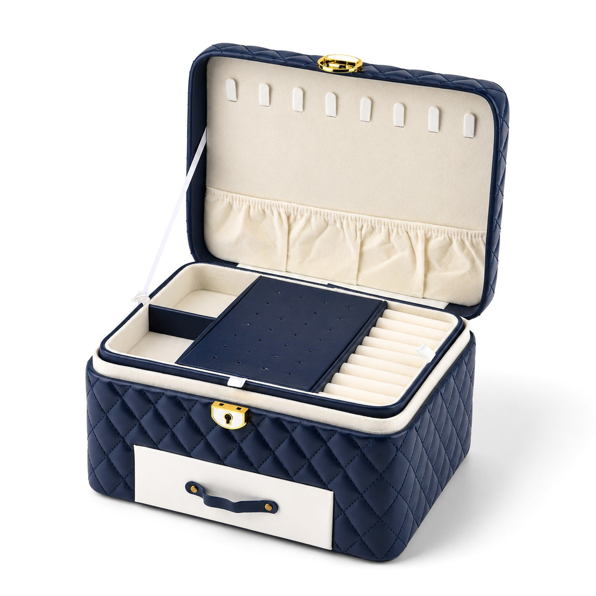 Luxury Quilted Leatherette Jewellery Box - 3-Tier Lockable Jewellery Chest with Drawer &amp; Velvet Lining (25x18x13.5cm) - Navy Blue &amp; White V32607382 0
