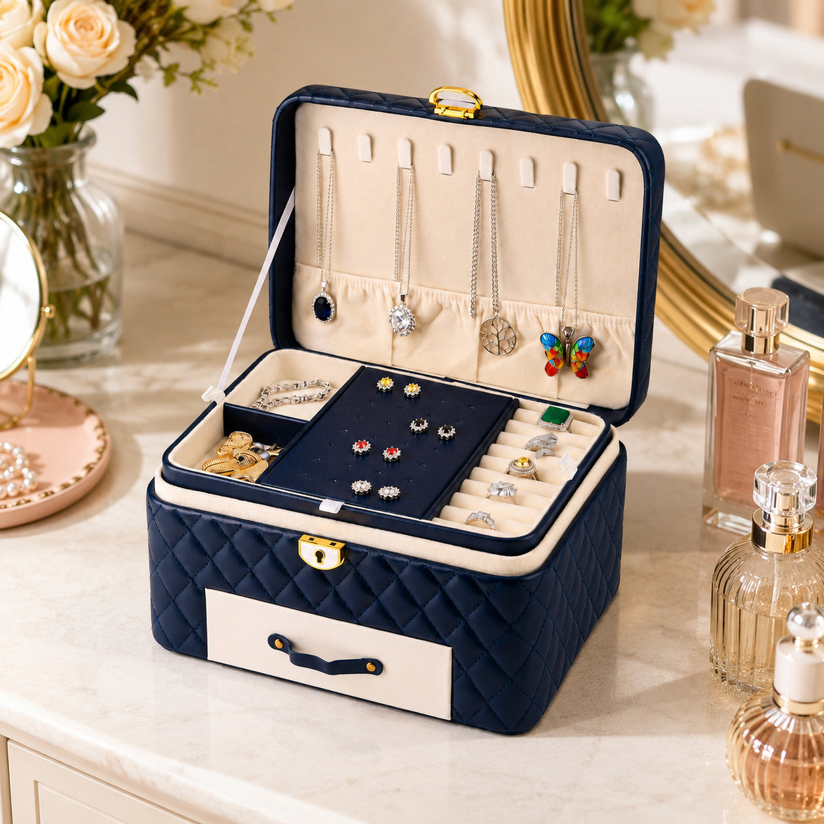 Luxury Quilted Leatherette Jewellery Box - 3-Tier Lockable Jewellery Chest with Drawer &amp; Velvet Lining (25x18x13.5cm) - Navy Blue &amp; White V32607382 1