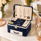 Luxury Quilted Leatherette Jewellery Box - 3-Tier Lockable Jewellery Chest with Drawer & Velvet Lining (25x18x13.5cm) - Navy Blue & White_8645019_1