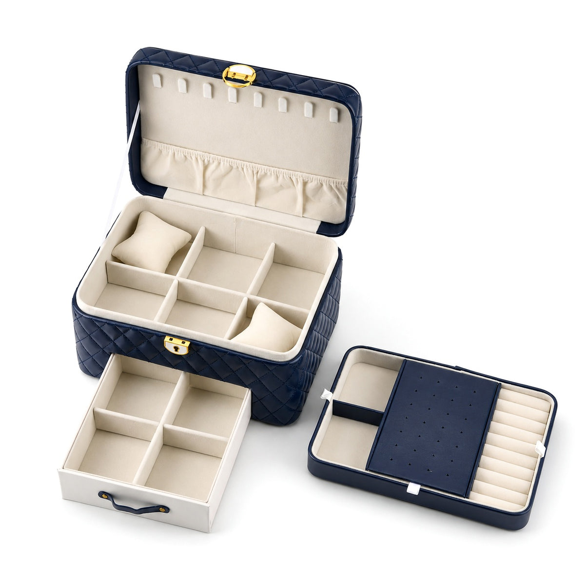 Luxury Quilted Leatherette Jewellery Box - 3-Tier Lockable Jewellery Chest with Drawer &amp; Velvet Lining (25x18x13.5cm) - Navy Blue &amp; White V32607382 2