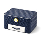 Luxury Quilted Leatherette Jewellery Box - 3-Tier Lockable Jewellery Chest with Drawer & Velvet Lining (25x18x13.5cm) - Navy Blue & White_8645019_4