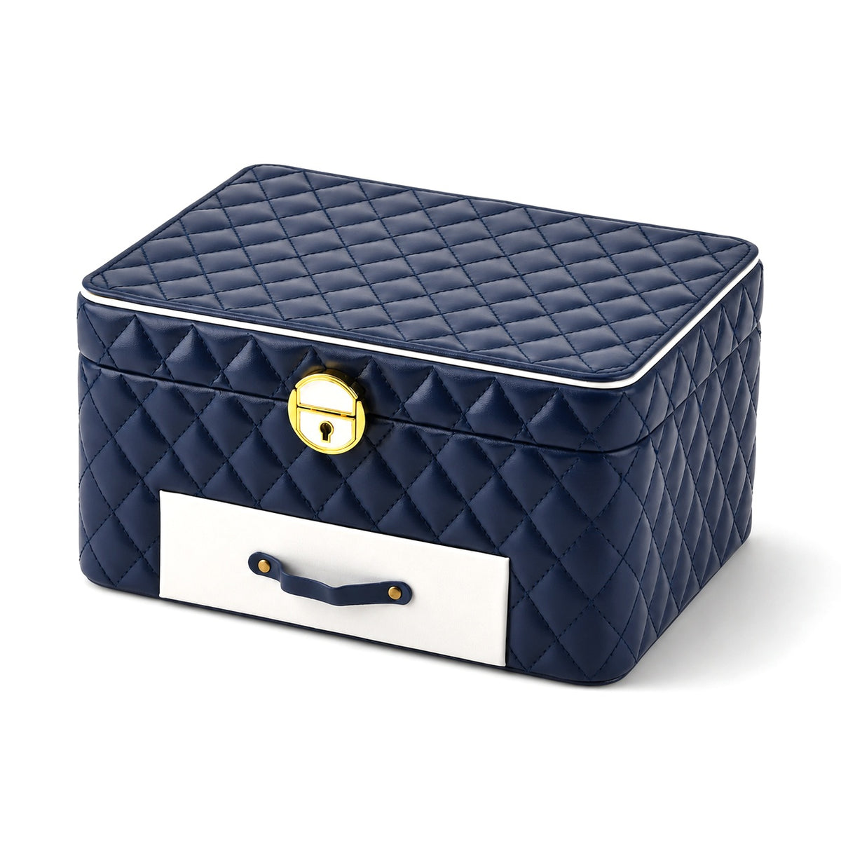 Luxury Quilted Leatherette Jewellery Box - 3-Tier Lockable Jewellery Chest with Drawer &amp; Velvet Lining (25x18x13.5cm) - Navy Blue &amp; White V32607382 4
