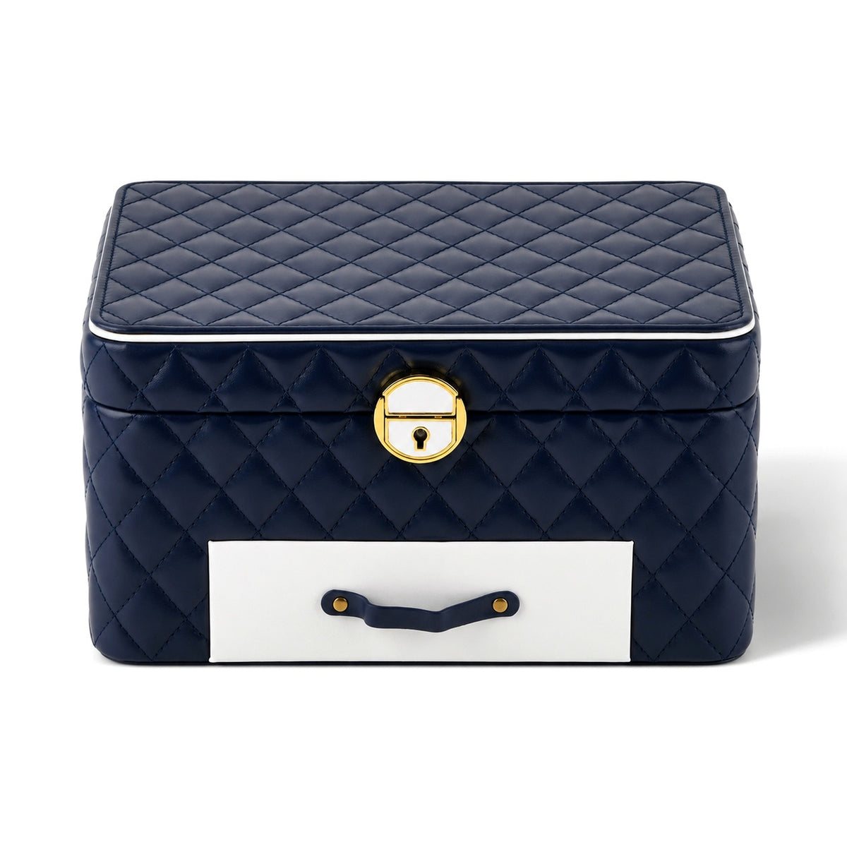 Luxury Quilted Leatherette Jewellery Box - 3-Tier Lockable Jewellery Chest with Drawer &amp; Velvet Lining (25x18x13.5cm) - Navy Blue &amp; White V32607382 5