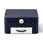 Luxury Quilted Leatherette Jewellery Box - 3-Tier Lockable Jewellery Chest with Drawer & Velvet Lining (25x18x13.5cm) - Navy Blue & White_8645019_5