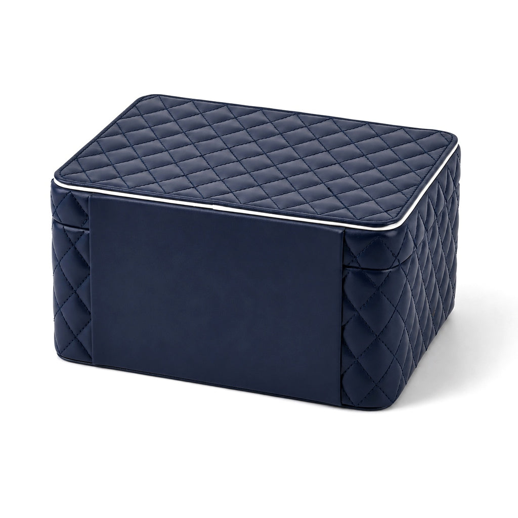 Luxury Quilted Leatherette Jewellery Box - 3-Tier Lockable Jewellery Chest with Drawer & Velvet Lining (25x18x13.5cm) - Navy Blue & White_8645019_6