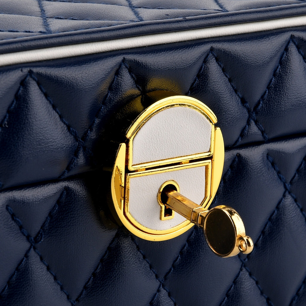 Luxury Quilted Leatherette Jewellery Box - 3-Tier Lockable Jewellery Chest with Drawer & Velvet Lining (25x18x13.5cm) - Navy Blue & White_8645019_7
