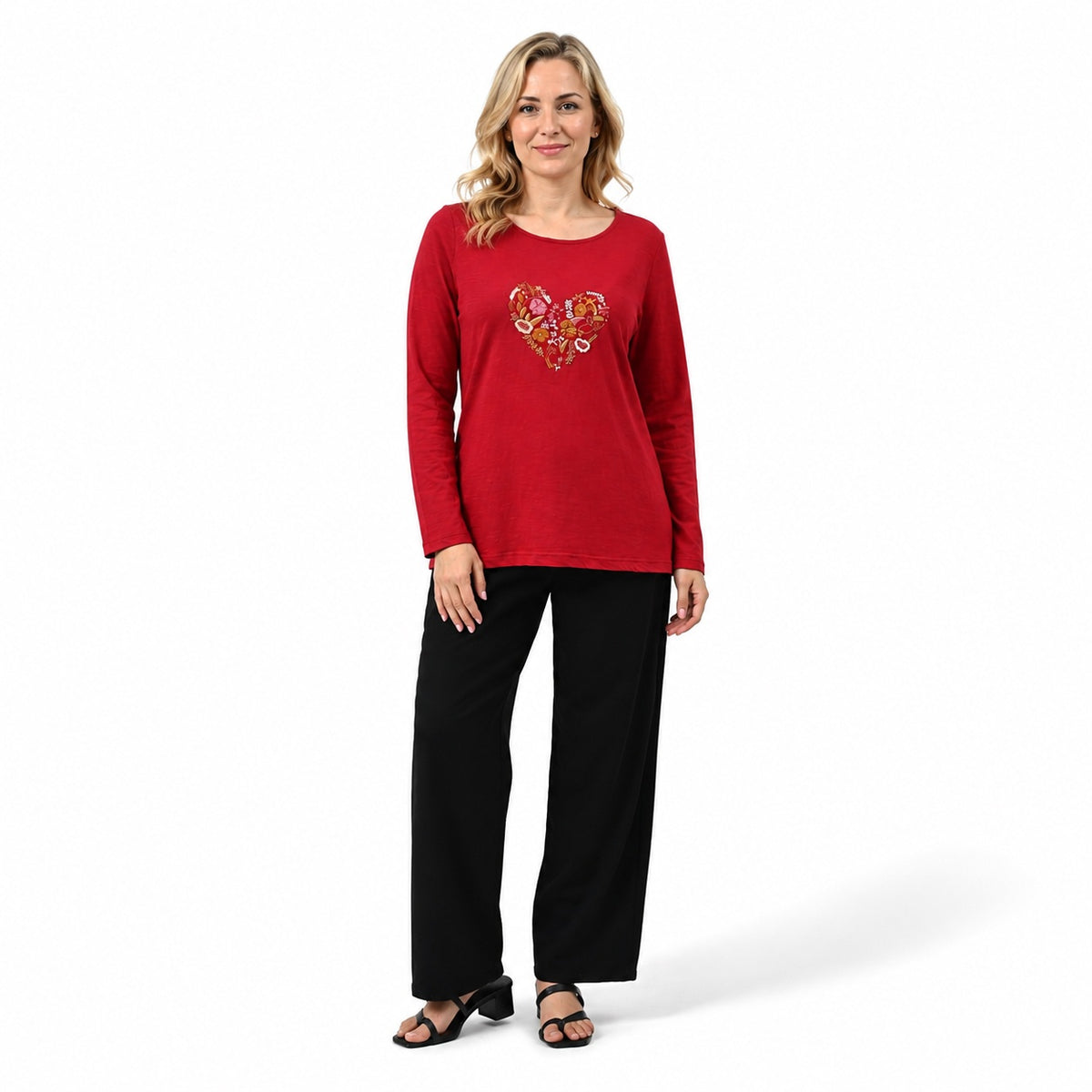 La Marey Heart Embroidered T-shirt with Round Neck and Full Sleeves (Size S, 8-10) - Burgundy 8645892 0