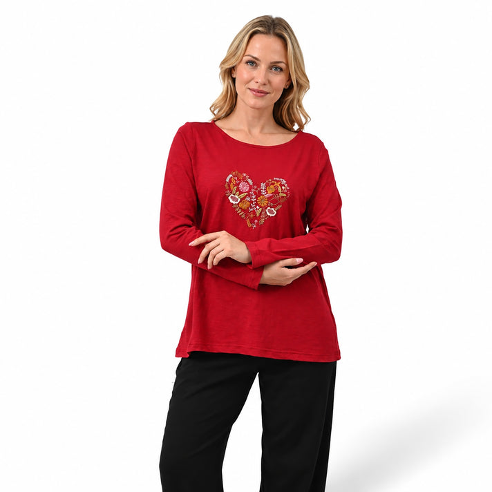La Marey Heart Embroidered T-shirt with Round Neck and Full Sleeves (Size S, 8-10) - Red 8645892 2