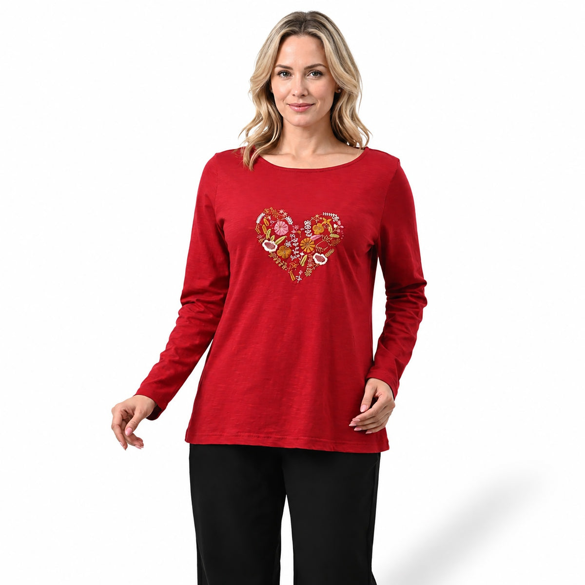 La Marey Heart Embroidered T-shirt with Round Neck and Full Sleeves (Size XL, 20-22) - Burgundy 8645925 2