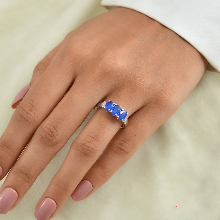 LIVE FROM BRAZIL D'Joy - Premium Blue Spinel &amp; Natural White Diamond Trilogy Ring in Rhodium Overlay Sterling Silver 1.60 Ct. 8646350 2