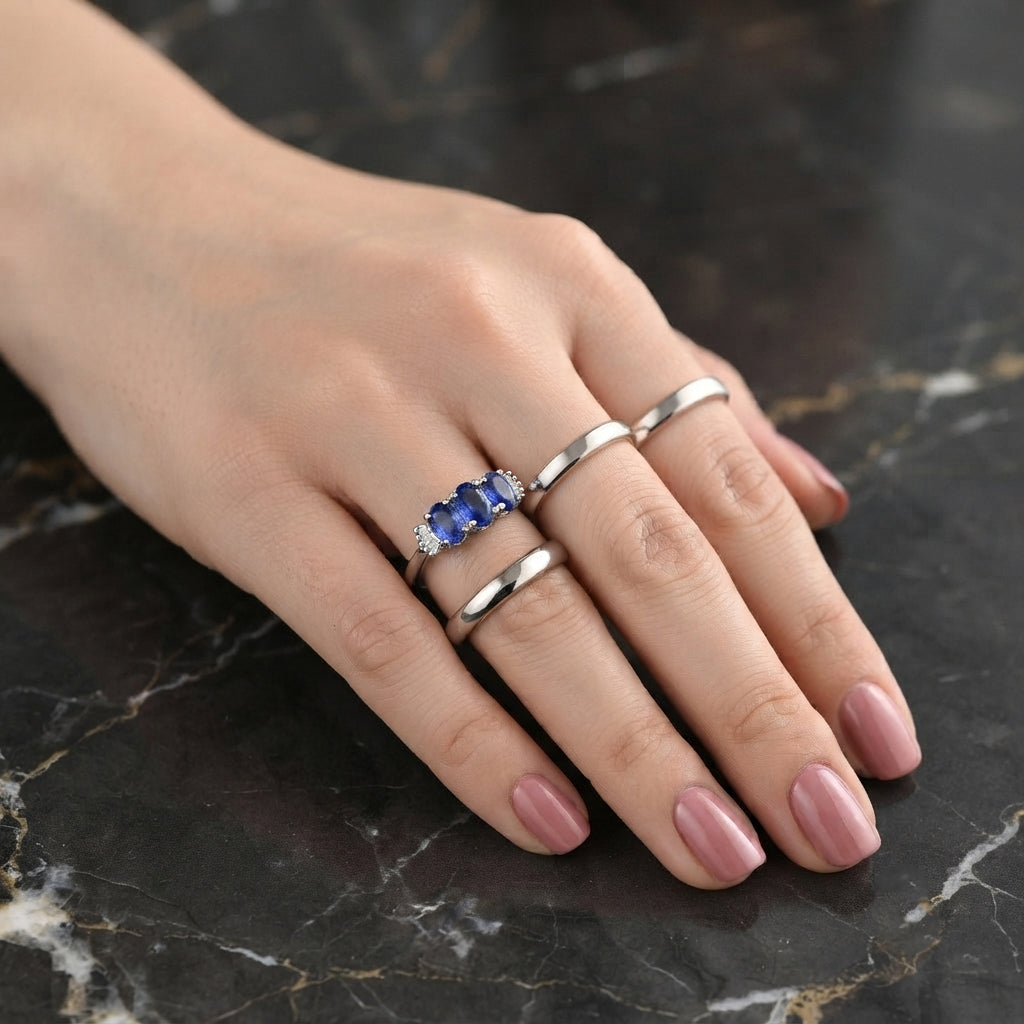 D'Joy - Tanzanian Blue Spinel & Natural White Diamond Ring in Rhodium Overlay Sterling Silver 1.60 Ct._8646350_2