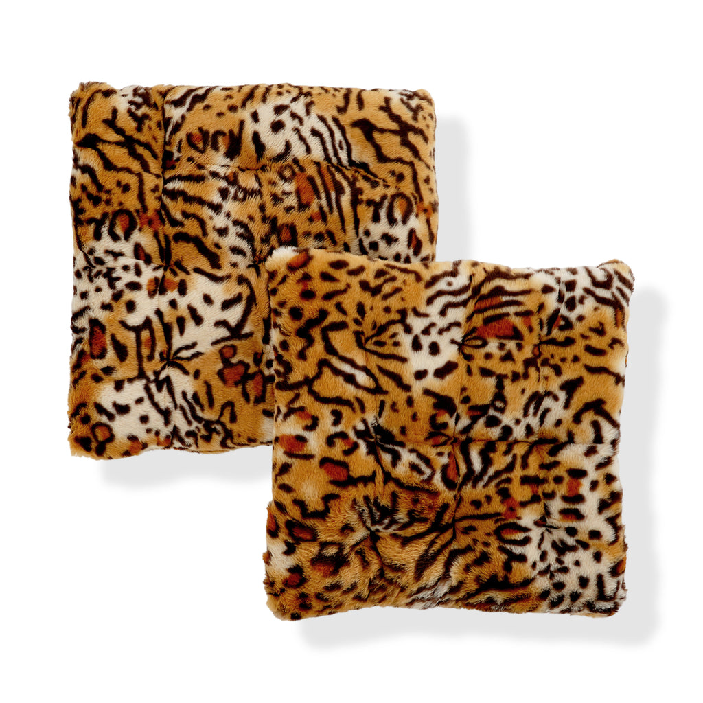 LIVMORE Set of 2 - Faux Fur Leopard Print Square Chair Seat Cushions (40x40cm) - Brown_8646354