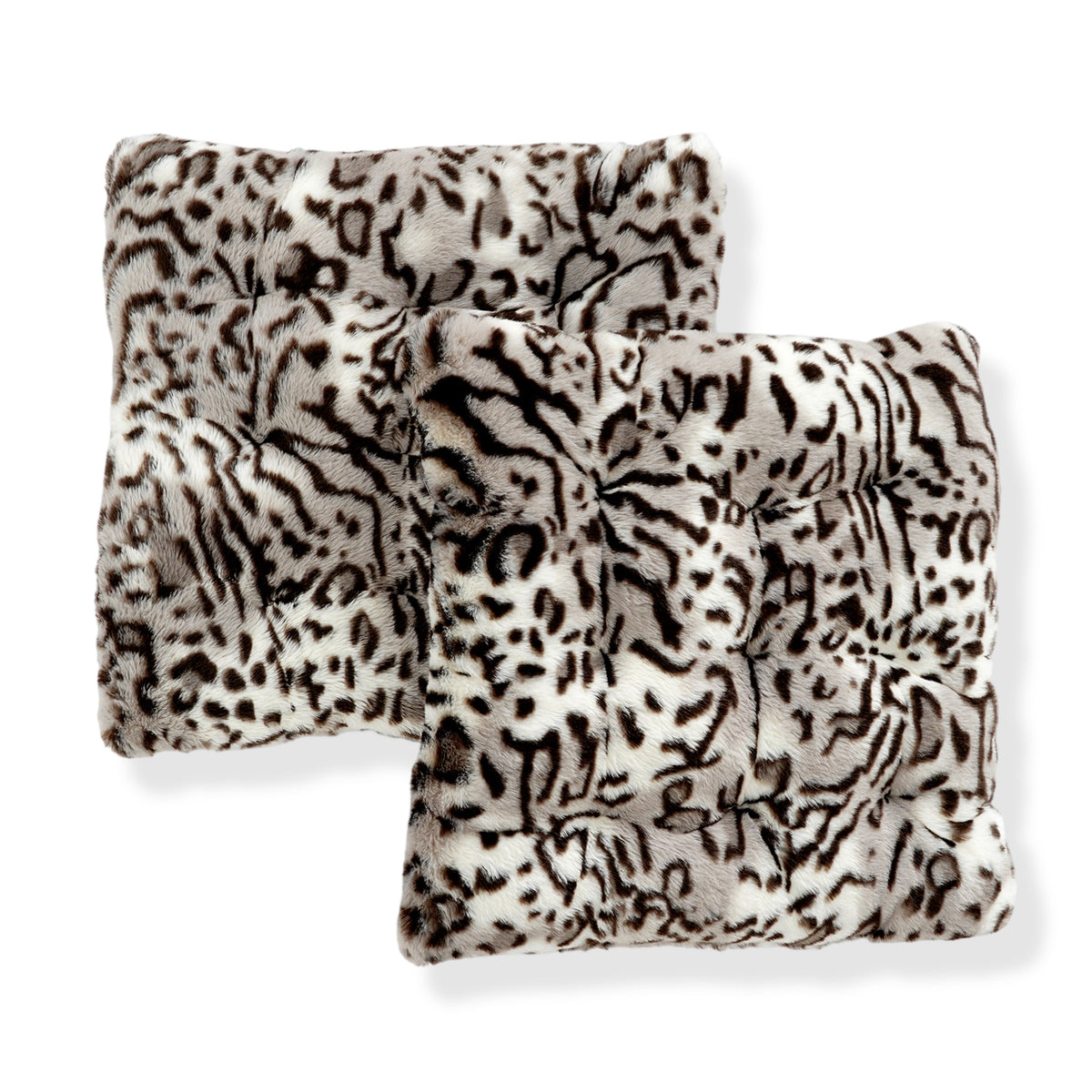 LIVMORE Set of 2 - Faux Fur Leopard Print Square Chair Seat Cushions (40x40cm) - Grey 8646355 0