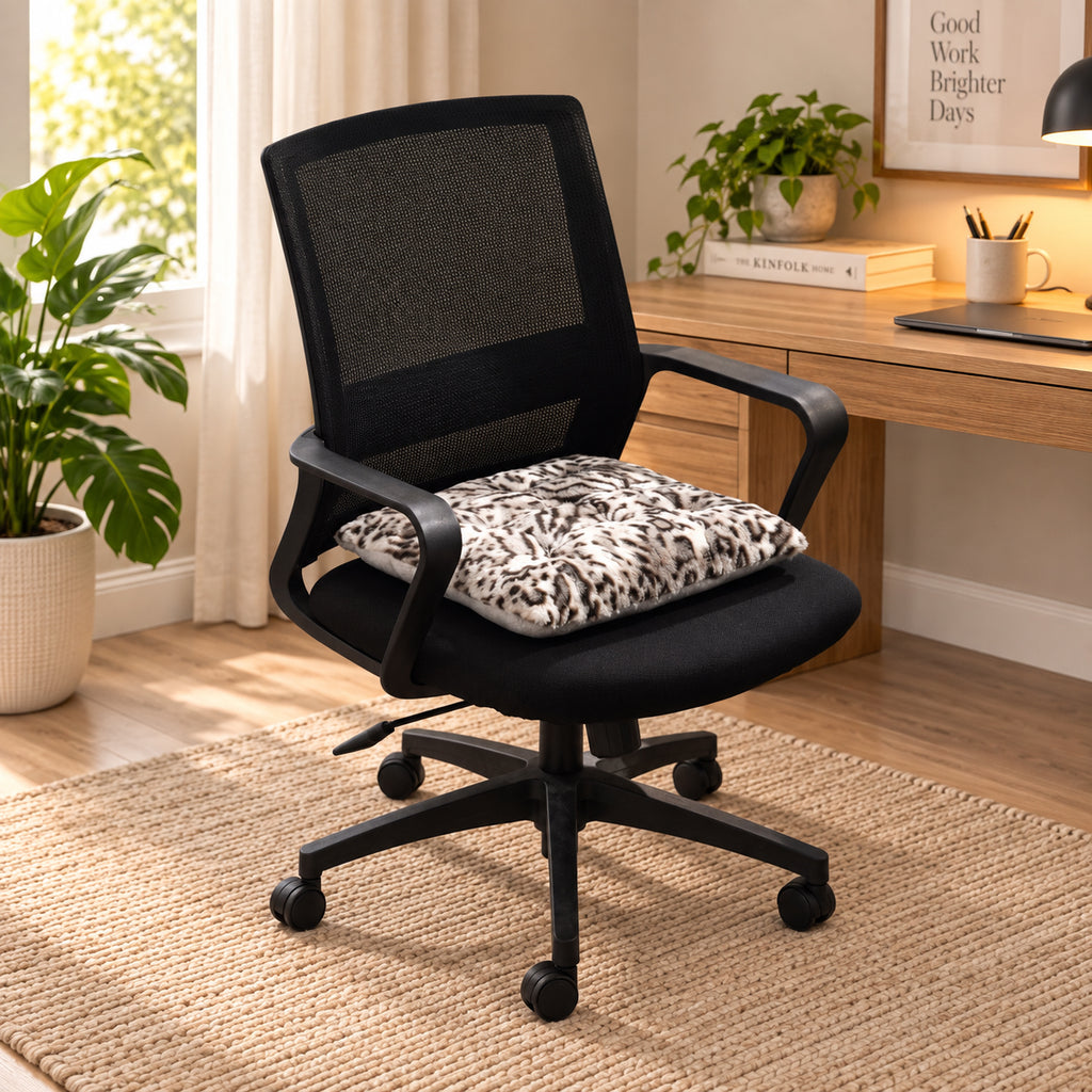 LIVMORE Set of 2 - Faux Fur Leopard Print Square Chair Seat Cushions (40x40cm) - Grey_8646355_1