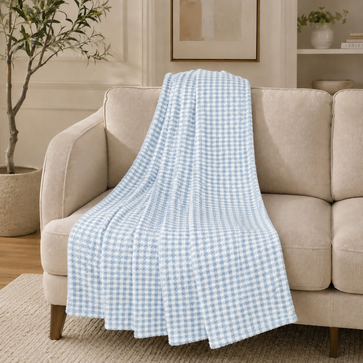 LIVMORE Luxury Waffle Texture Single Layer Check Jacquard Blanket Throw (200 x 150 cm) - Brown 8646849 0